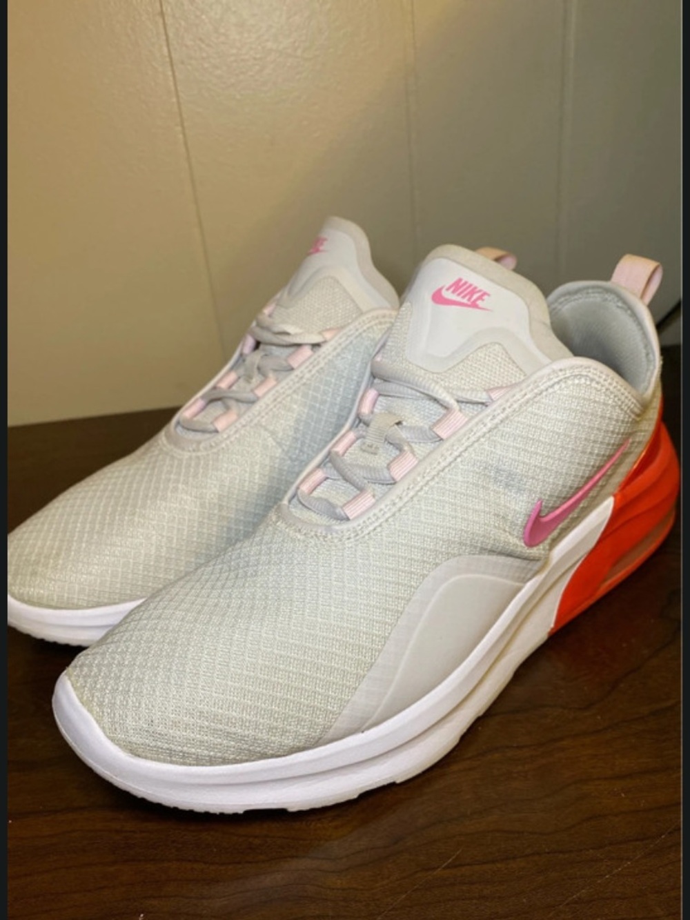 Nike Women's Light Gray Sneakers with Pink Swoosh and Coral Heel